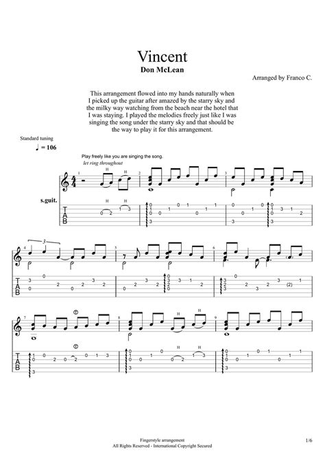 Don Mclean Vincent Fingerstyle Tab By Franco C