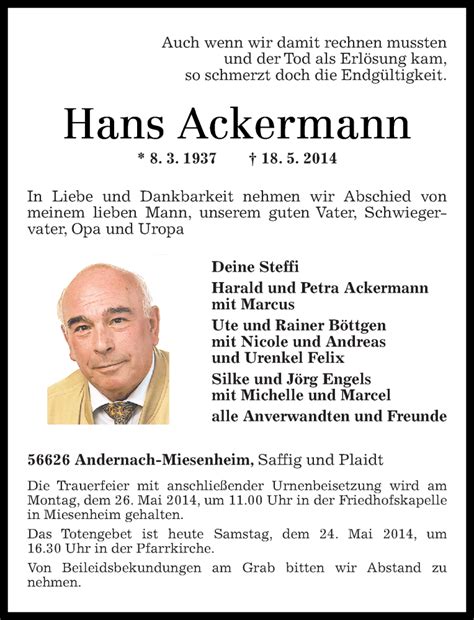 Traueranzeigen Von Hans Ackermann Rz Trauer De