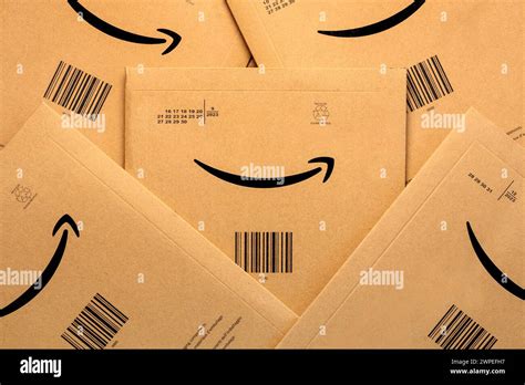 Closeup Of Amazon Prime Cardboard Boxes And Amazon Logo Amazon Prime