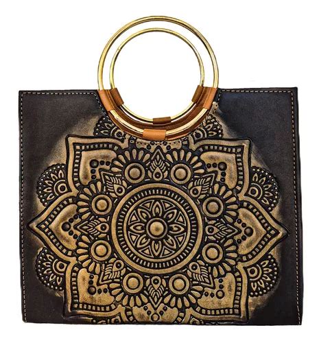 Bolsa Mujer Flor Mandala Vinipiel Cincelada Negra Ring Hadle Env O Gratis