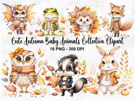 Watercolor Cute Autumn Baby Animals Collection Clipart, 18 PNG Cute Fall Animal Clipart, Autumn ...