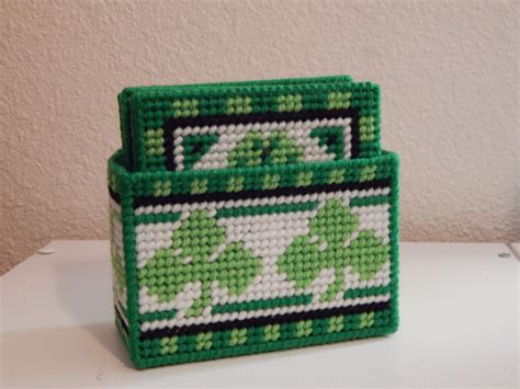 Shamrock Coaster Set With Holder 7 Pieces Handmade Plastic Canvas Plastic Canvas Patterns