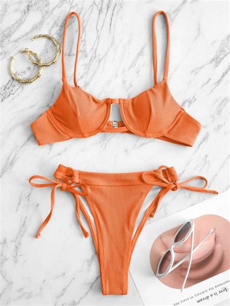 79 OFF 2021 ZAFUL Ribbed Underwire Tie Bikini Swimwear In ORANGE ZAFUL