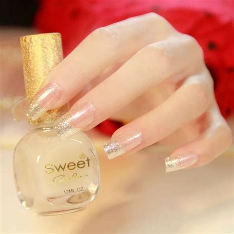 Ombre Nude Glitter Pale Gold Press On Nails W Glue Champagne Square Long EBay