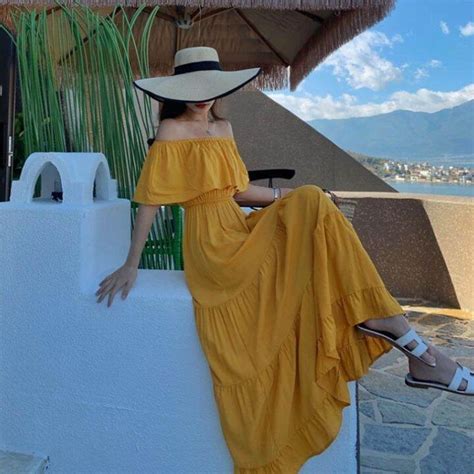 Váy trắng trễ vai bèo dáng dài maxi đi biển bikini đầm chun eo dáng xoè chụp kỷ yếu dự tiệc