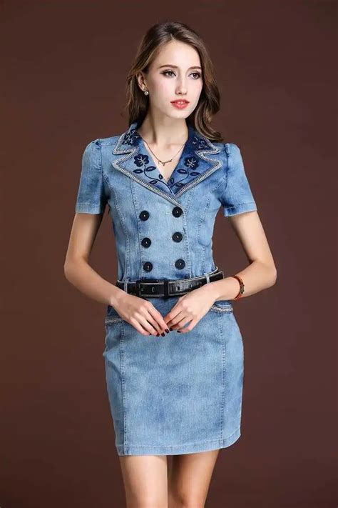 2015 Summer Style Womens Short Sleeve Diamonds Denim Dress Fashion