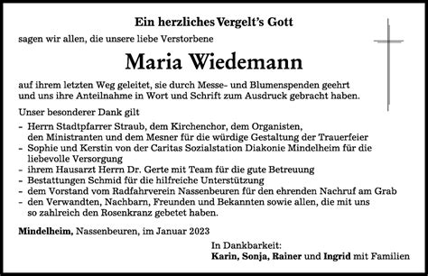 Traueranzeigen Von Maria Wiedemann Augsburger Allgemeine Zeitung