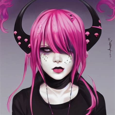 cute goth emo anime girl with demon horns and pink hair | Midjourney