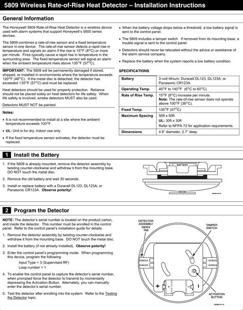 Honeywell 8DL5809XT Wireless Rate Of Rise Heat Detector User Manual