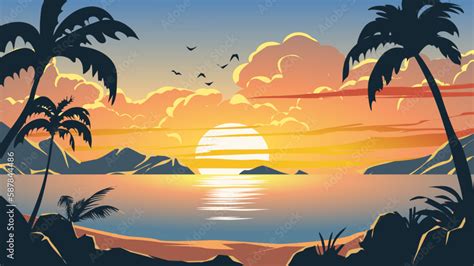 Vector Ocean Sunset Scenery Colorful Tropical Beach Landscape Stock