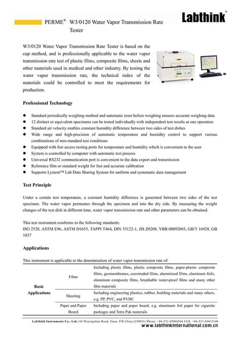 W Water Vapor Transmission Rate Tester Pdf