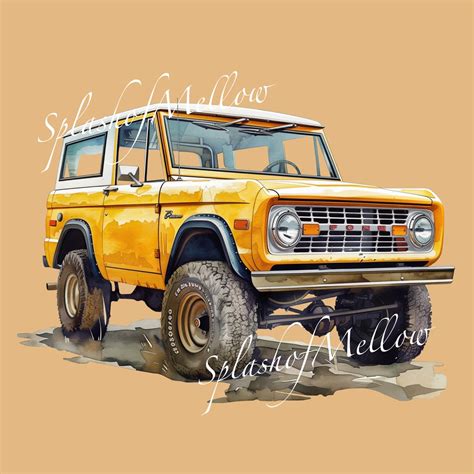 Watercolor Vintage Yellow Bronco Clipart Vintage Car Clipart Vintage ...