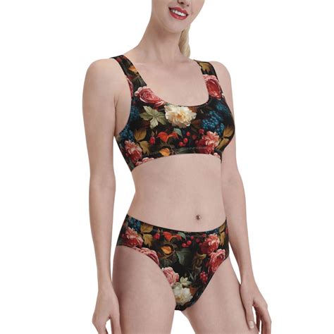 Picia Rose Flowers Women S High Waisted Bikini Scoop Neck Swimsuit Two Pieces Bathing Suit