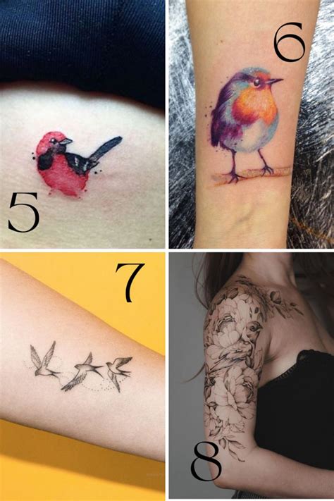 Four Different Tattoos With Birds And Flowers On Their Arm The Number