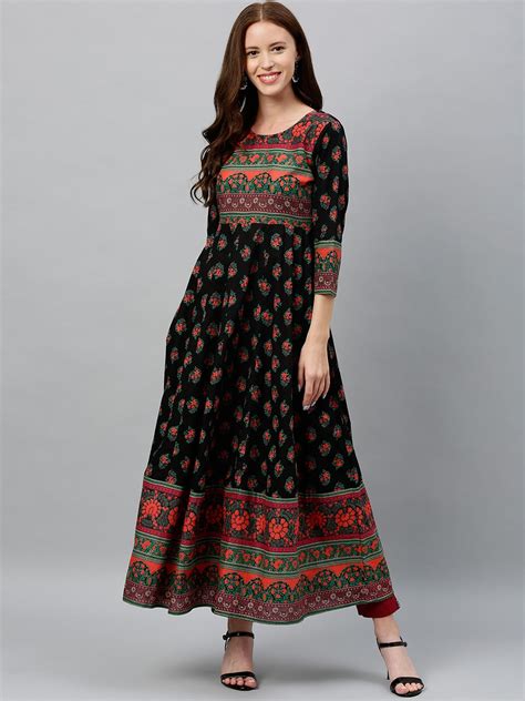 Buy Kipek Women Black And Red Floral Printed Cotton Anarkali Kurta