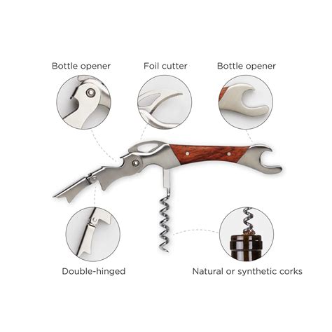 stainless steel double opener corkscrew  polished wood inlay