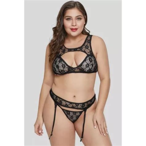 Intimates Sleepwear Lingerie Plus Size Lace Bralette Garter And Thong Set Sexy Plus Size