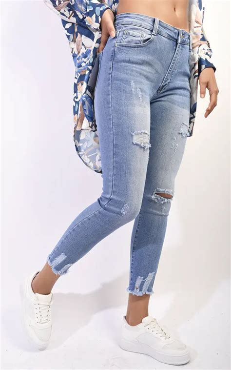 Carla Distressed Ripped Raw Hem Jeans In Denim Ikrush Silkfred