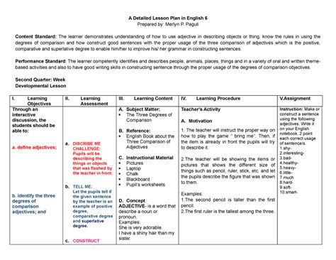 A Detailed Lesson Plan In English 1 Paguli Content Standard The