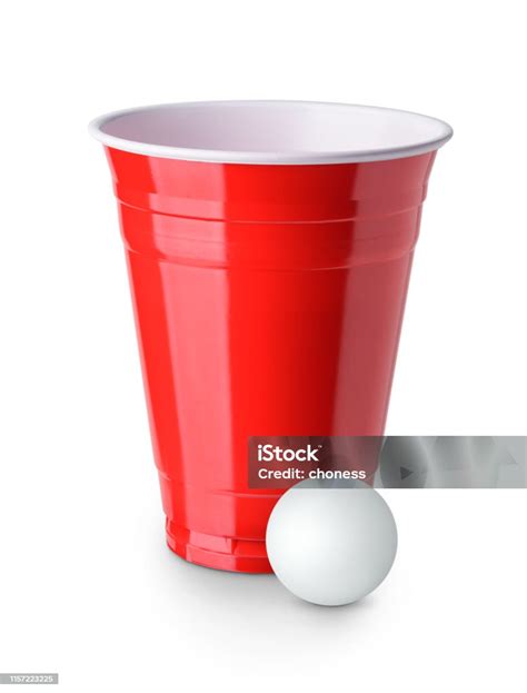 Beer Pong Red Plastic Cup And Ping Pong Ball Isolated On White