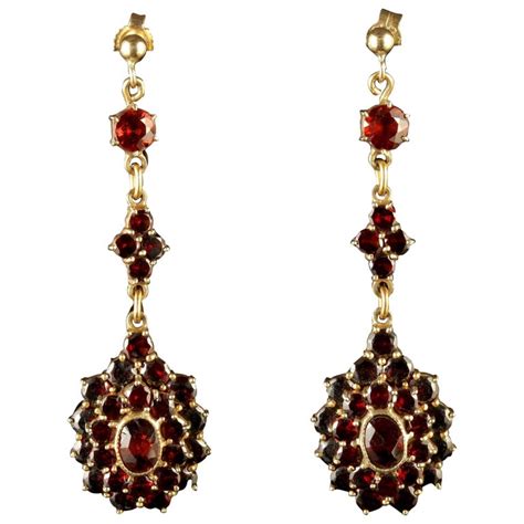 Antique Victorian Bohemian Garnet Gold Long Drop Earrings Circa 1900