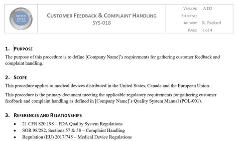 SYS 018 Complaint Handling Procedure Medical Device Academy