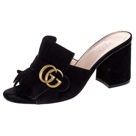 Gucci Black Suede Leather Gg Marmont Fringe Mules Size 37 5 At 1stdibs