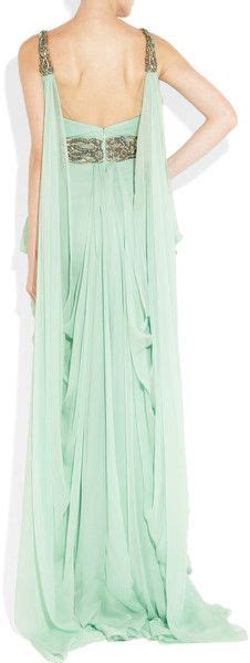 Marchesa Crystalembellished Silkchiffon Gown In Green Aqua Lyst