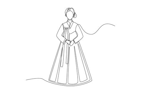 A Simple Continuous Line Depicting A Korean Woman Wearing A Typical