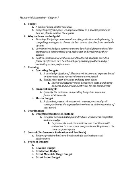 Chapter 7 - Managerial Notes - Managerial Accounting – Chapter 7 Budget