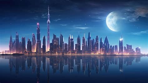 Premium AI Image | Futuristic city skyline with moonrise