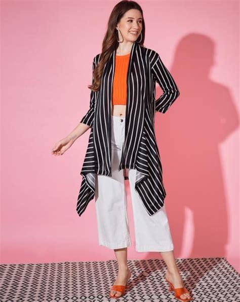 Buynewtrend Black Lycra Striped Longline Women Shrug Jiomart