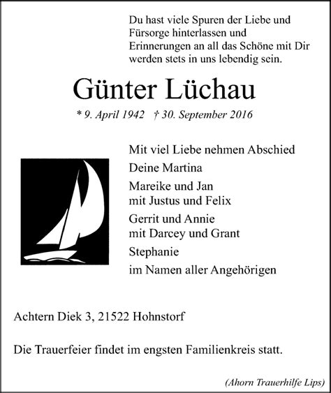 Traueranzeigen von Günter Lüchau Trauer Lüneburg de