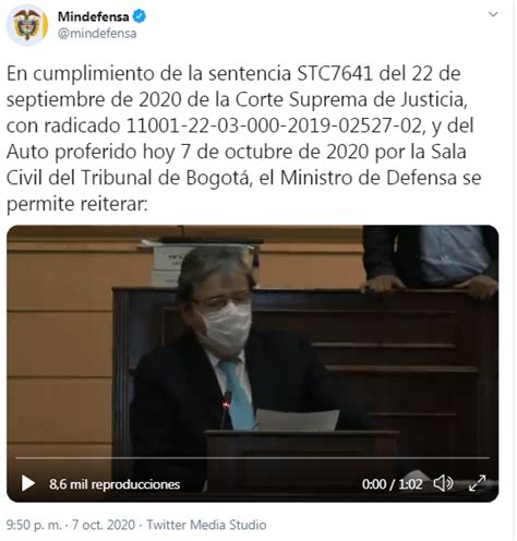 Obligado por la justicia ministro de Defensa de Colombia pide perdón