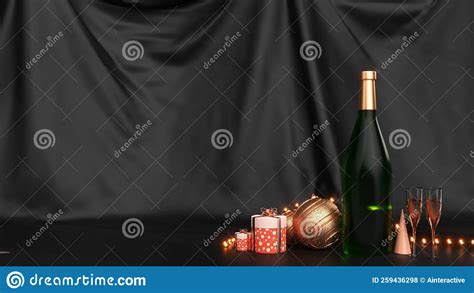 3d Render Of Champagne Bottle With Flute Glasses Baubles T Boxes