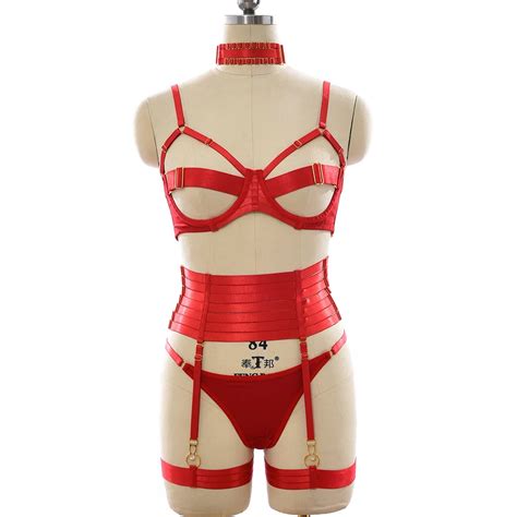 Mulheres Red Harness Pole Dance Wear Liga Bondage Lingerie Corpo Gaiola Colar Suti Cueca Perna