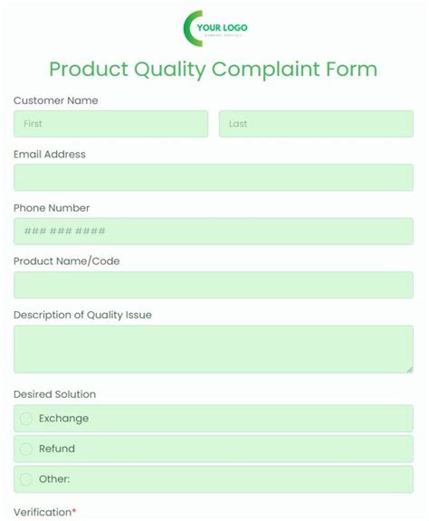 Free Product Quality Complaint Form Template 123formbuilder