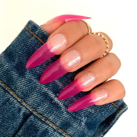 Hot Pink Long Ombre Clear Stiletto Press On Nails Fake Glue On Etsy