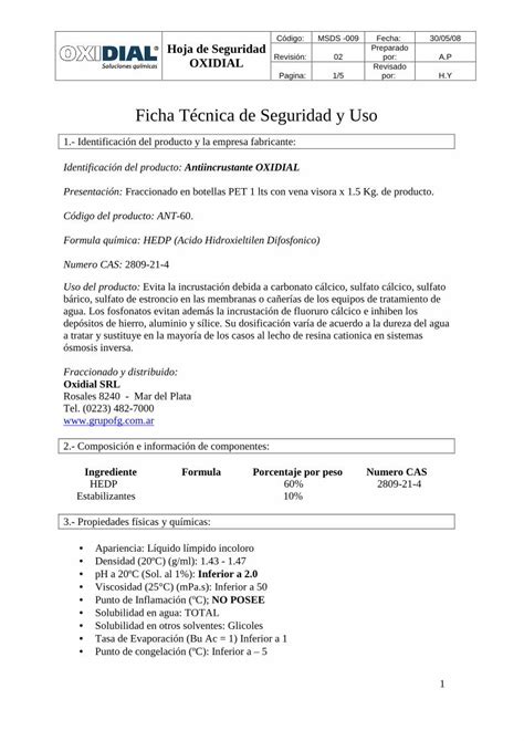 Pdf Ficha Tecnica De Seguridad Antiincrustante C Digo Msds