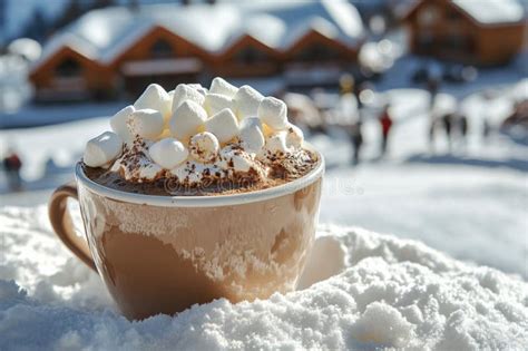 Warm Hot Chocolate Topped With Fluffy Marshmallows Served In A White Mug On A Marble Surface