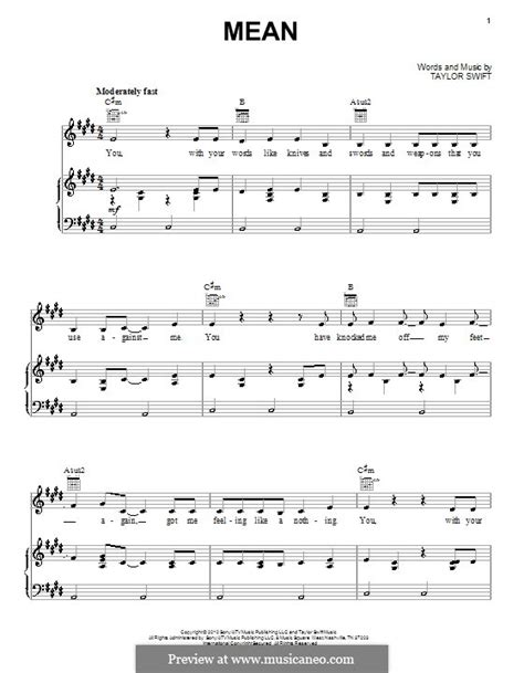 Mean By T Swift Sheet Music On Musicaneo