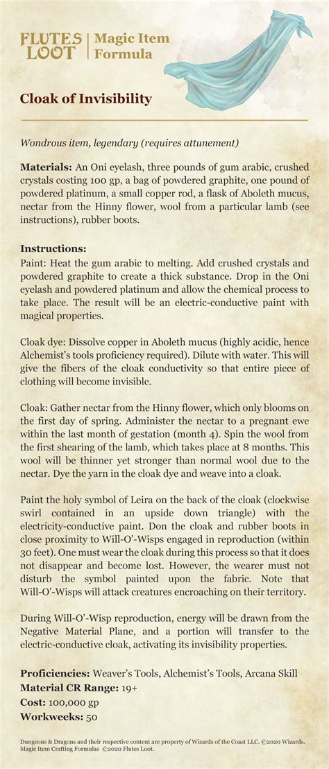 Cloak Of Invisibility Crafting Magic Items Formula Dandd 5e Dungeon