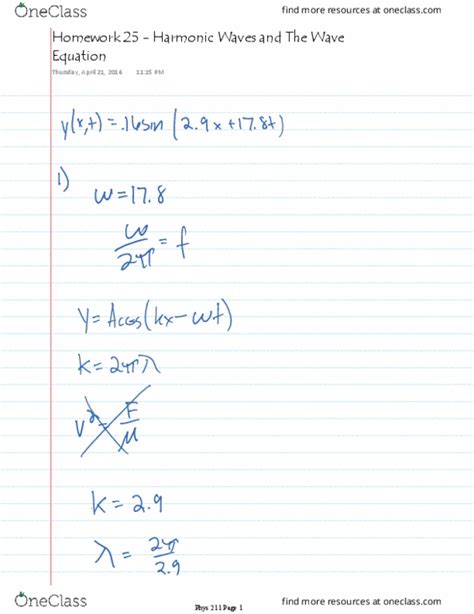 Phys 211 Quiz Harmonic Waves And The Wave Equation Oneclass