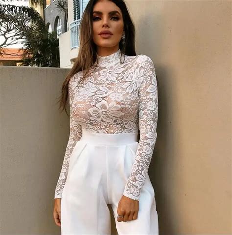 New Elegant Women White Lace Bodysuits 2018 Sexy Long Sleeve See