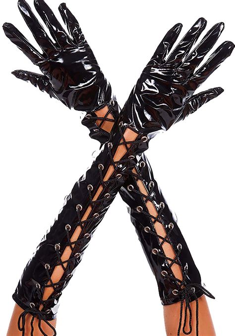 Womens Black Patent Lace Up Costume Gloves Long Gloves