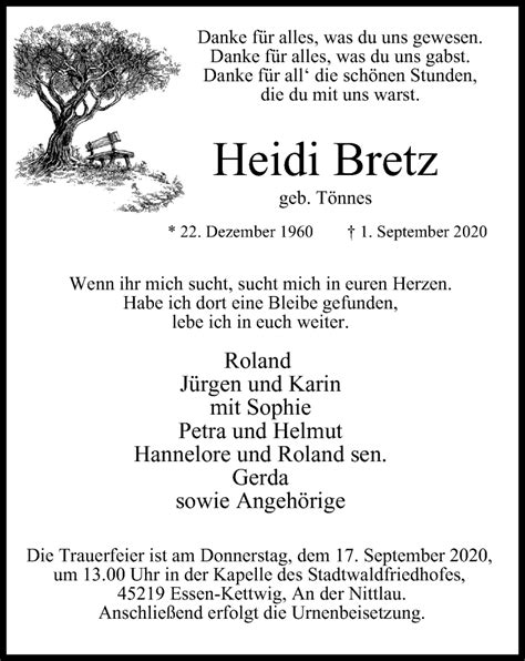 Traueranzeigen Von Heidi Bretz Trauer In Nrw De