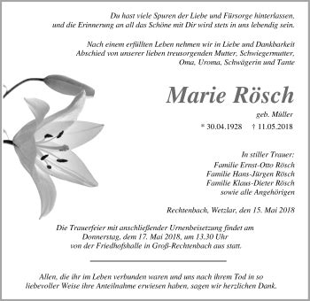 Traueranzeigen von Marie Rösch vrm trauer de