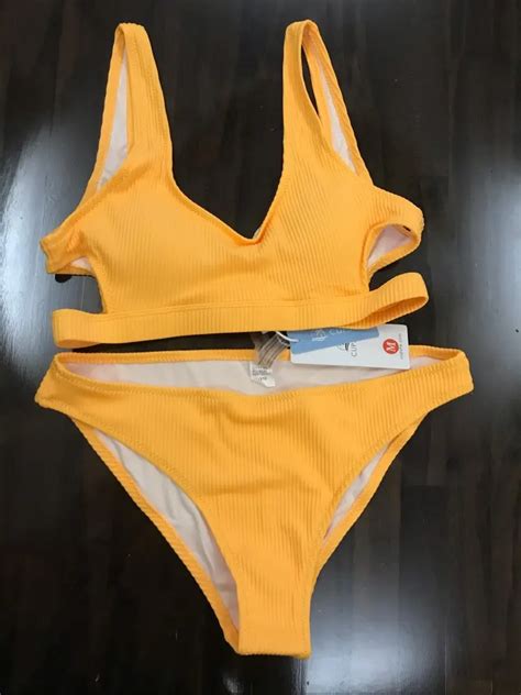 Yellow Feather Yarn Solid Bikini Set Plain Hollow Out Padded Two Pieces Allkpop Shop