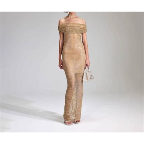 Self Portrait Rhinestone Off Shoulder Fishnet Maxi Dress In Nude Grailed