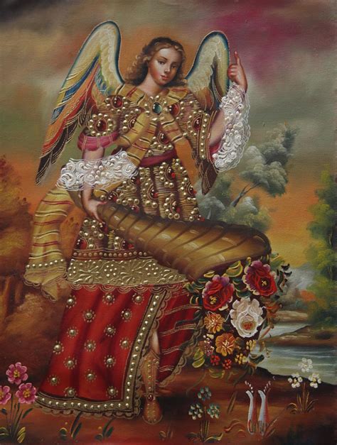 Archangel Gabriel Cuzco Peru Folk Art Original Oil Painting Canvas Wall